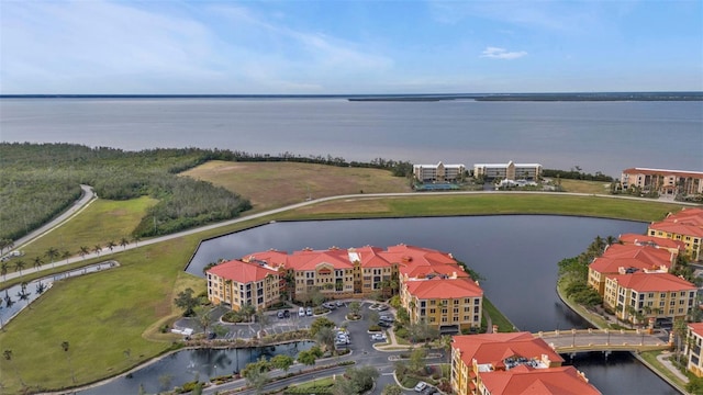 drone / aerial view with a water view