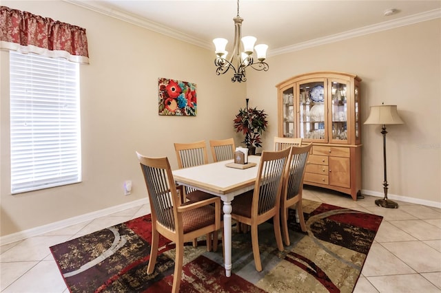 dining space featuring crown molding, light tile patterned floors, and a chandelier