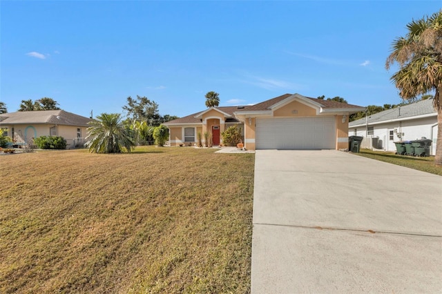 ranch-style home featuring a garage and a front lawn