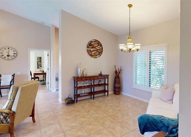 interior space featuring light tile patterned floors and an inviting chandelier