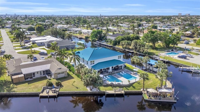 drone / aerial view featuring a water view