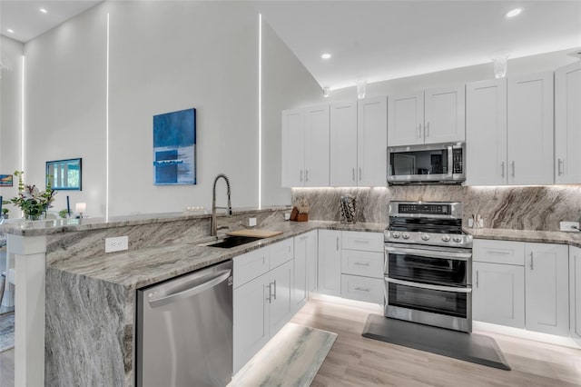 kitchen featuring kitchen peninsula, sink, white cabinets, and stainless steel appliances