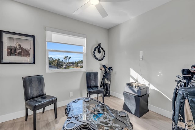 living area with ceiling fan and light hardwood / wood-style flooring