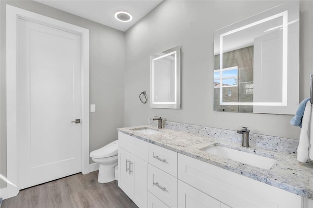 bathroom with hardwood / wood-style flooring, vanity, and toilet