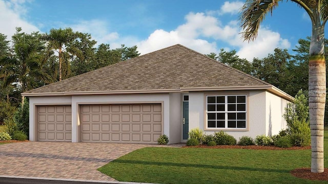 view of front of property featuring a front yard and a garage