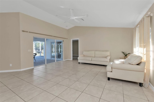 unfurnished living room with light tile patterned floors, ceiling fan, and lofted ceiling