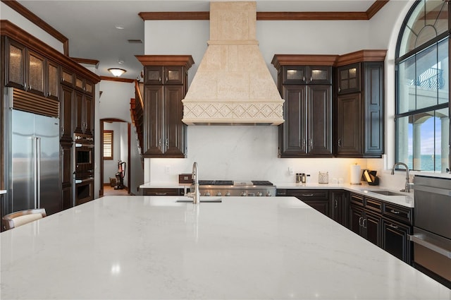 kitchen featuring a healthy amount of sunlight, premium range hood, sink, and stainless steel appliances