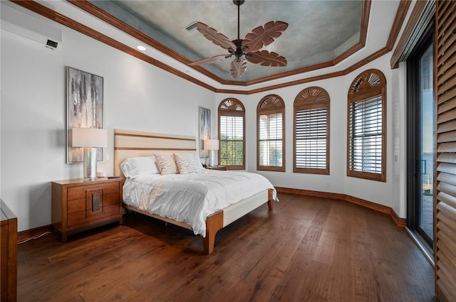 bedroom with ceiling fan, dark hardwood / wood-style floors, and ornamental molding