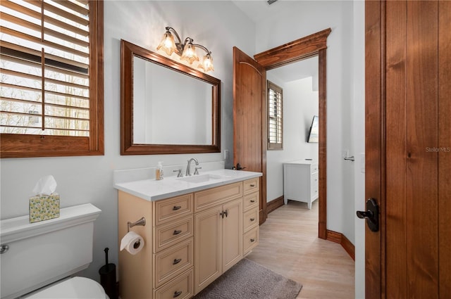 bathroom with hardwood / wood-style floors, vanity, and toilet