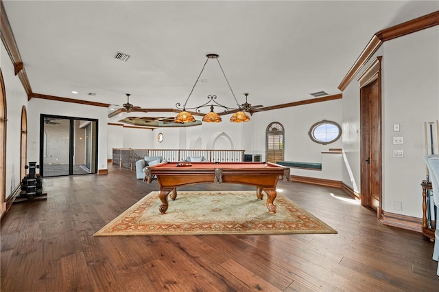 playroom with dark hardwood / wood-style floors, crown molding, and billiards