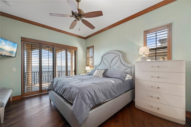 bedroom featuring access to outside, dark hardwood / wood-style floors, ceiling fan, and ornamental molding