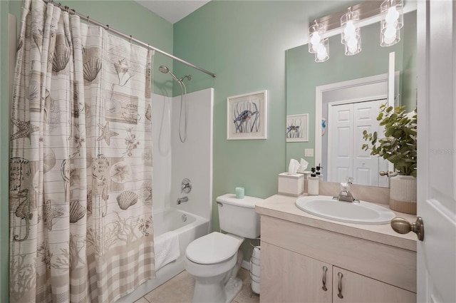 full bathroom featuring toilet, shower / bath combination with curtain, vanity, and tile patterned floors