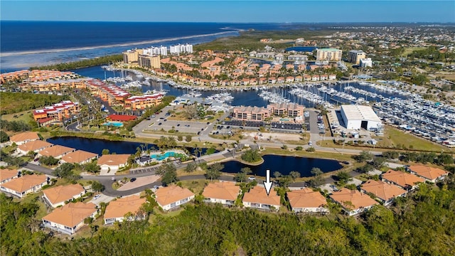 drone / aerial view featuring a water view