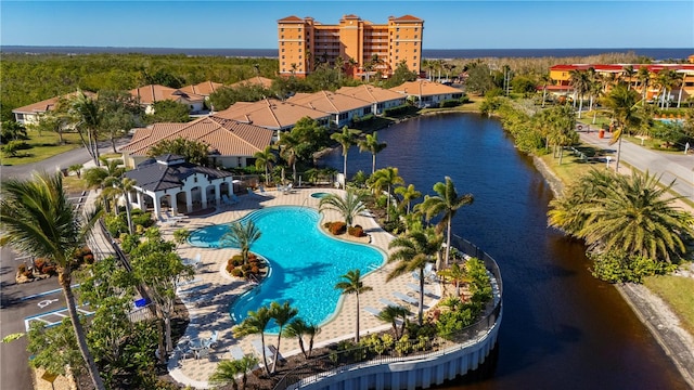 drone / aerial view with a water view