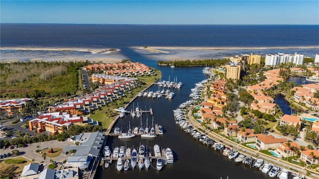 bird's eye view with a water view