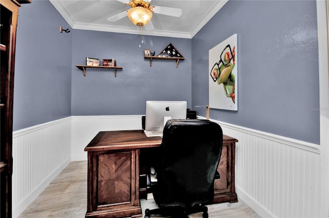 office with ceiling fan and ornamental molding