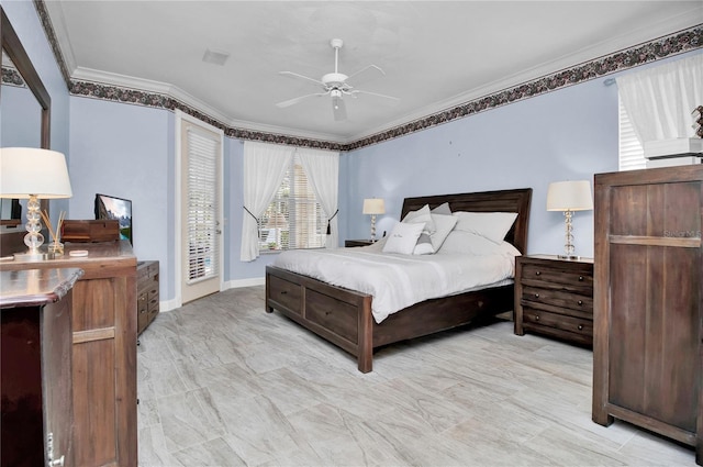 bedroom with ceiling fan and crown molding