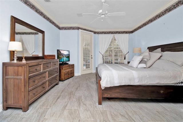 bedroom with ceiling fan, crown molding, and access to outside