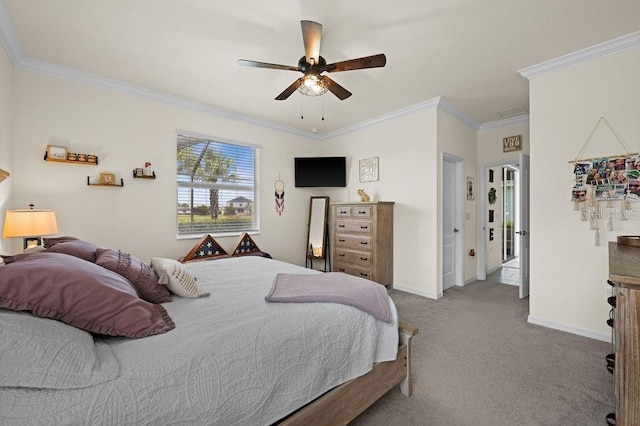 bedroom with light carpet, ceiling fan, and ornamental molding