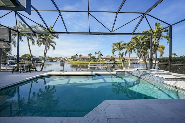 view of swimming pool with a pool with connected hot tub, a lanai, a water view, and a patio