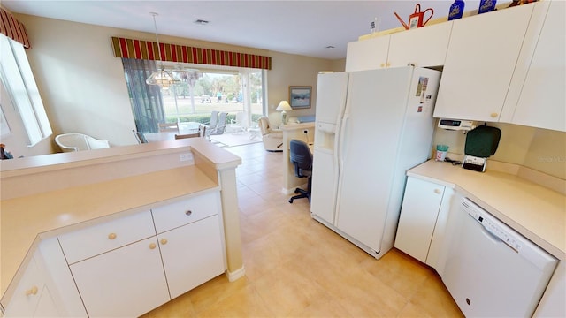 kitchen featuring white cabinetry, light tile patterned floors, pendant lighting, and white appliances