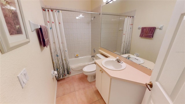 full bathroom featuring vanity, tile patterned flooring, shower / bathtub combination with curtain, and toilet