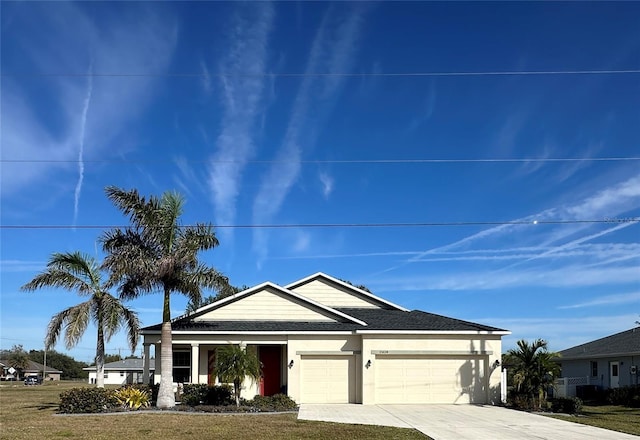 view of front facade with a front yard and a garage