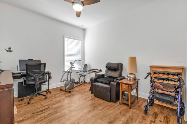 home office featuring ceiling fan and light hardwood / wood-style flooring