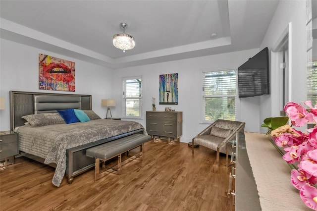 bedroom featuring a raised ceiling and hardwood / wood-style floors