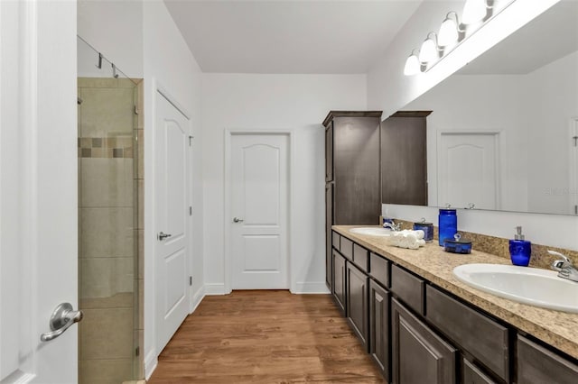 bathroom with wood-type flooring, vanity, and walk in shower