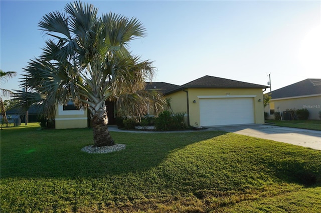 ranch-style house featuring cooling unit, a garage, and a front lawn