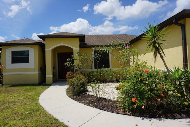 view of front of house featuring roof with shingles and stucco siding