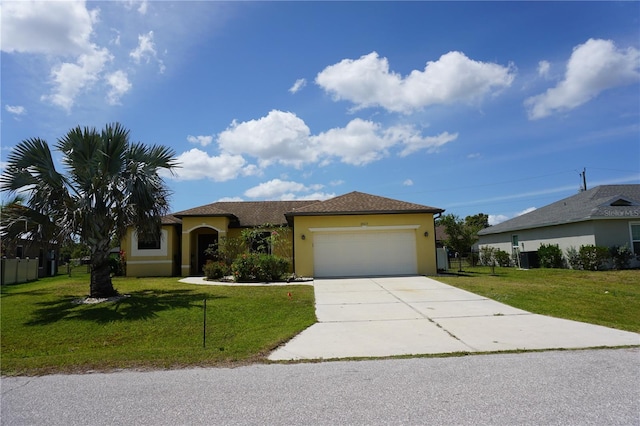 single story home featuring an attached garage, stucco siding, driveway, and a front yard