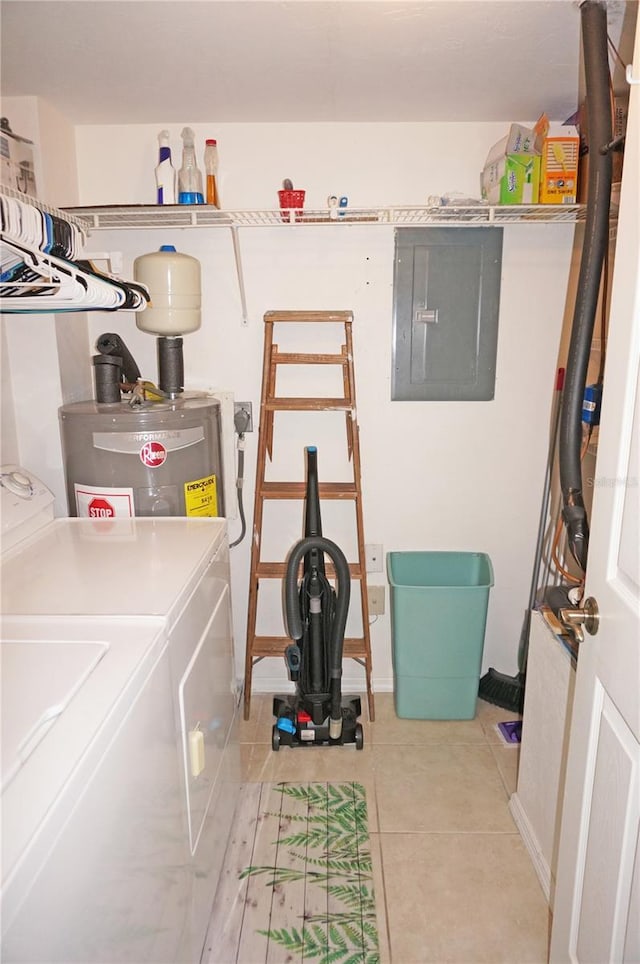 utility room featuring washing machine and dryer, electric panel, and water heater