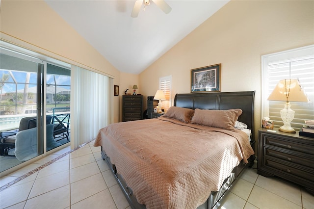 tiled bedroom featuring access to outside, ceiling fan, and lofted ceiling