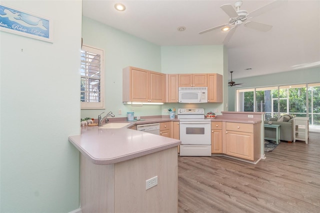 kitchen featuring white appliances, sink, light wood-type flooring, light brown cabinetry, and kitchen peninsula