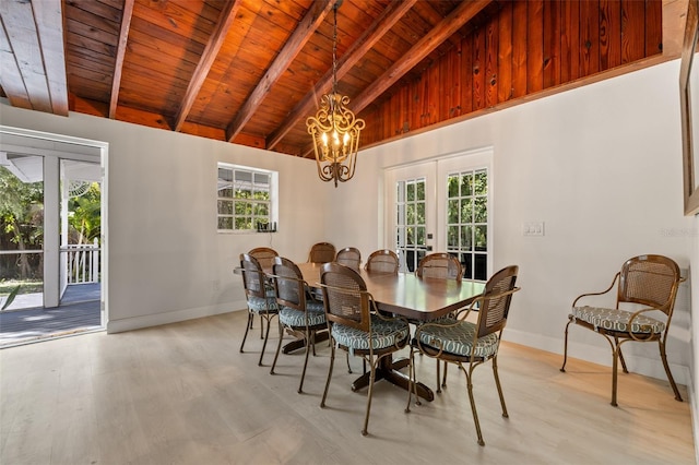 dining space with french doors, an inviting chandelier, wooden ceiling, and light wood-type flooring