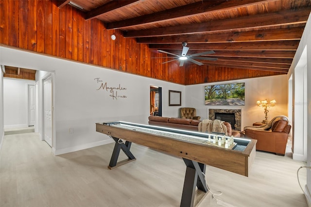 rec room with lofted ceiling with beams, ceiling fan, wooden ceiling, and light wood-type flooring