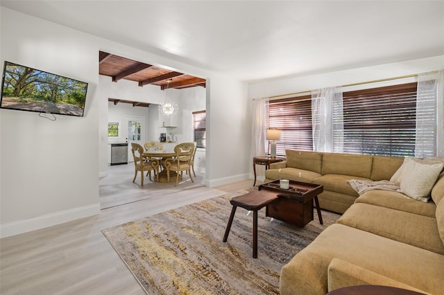 living room featuring beam ceiling and light wood-type flooring