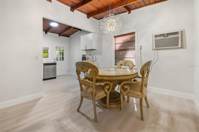 dining space featuring a wall unit AC, light hardwood / wood-style flooring, wooden ceiling, a notable chandelier, and vaulted ceiling with beams