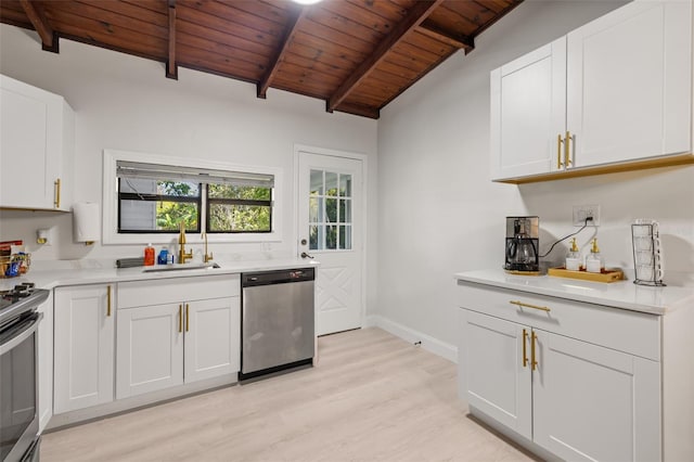 kitchen with white cabinetry, lofted ceiling with beams, wooden ceiling, and stainless steel appliances