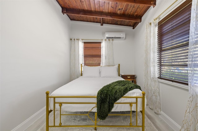 17780 Caloosa Rd, Alva, FL 33920 - bedroom featuring a wall mounted AC, a wood ceiling with exposed beams, and wood finished floors
