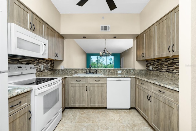 kitchen with kitchen peninsula, decorative backsplash, sink, and white appliances