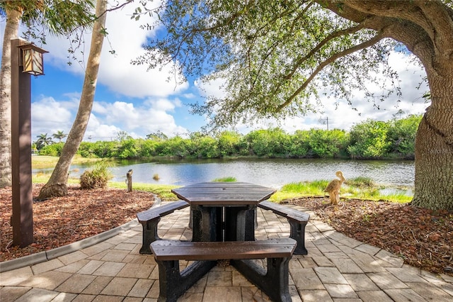 view of patio featuring a water view