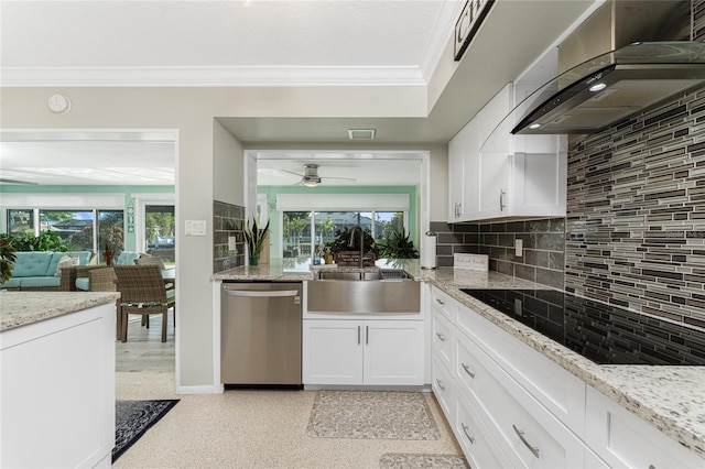 kitchen featuring dishwasher, wall chimney exhaust hood, sink, decorative backsplash, and white cabinets