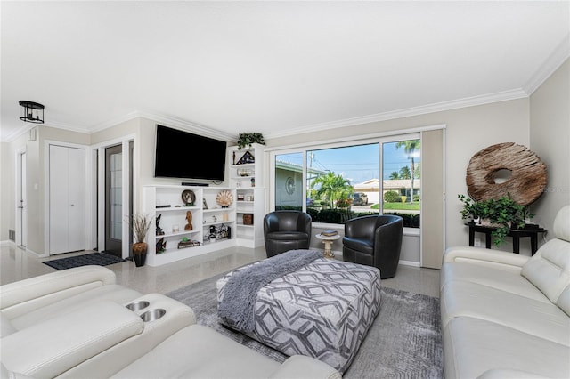 living room with ornamental molding