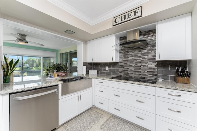 kitchen with white cabinetry, dishwasher, and crown molding