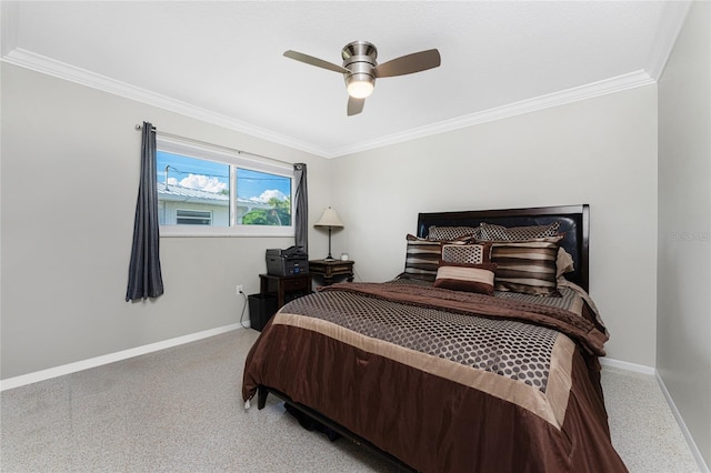 bedroom featuring ceiling fan and crown molding