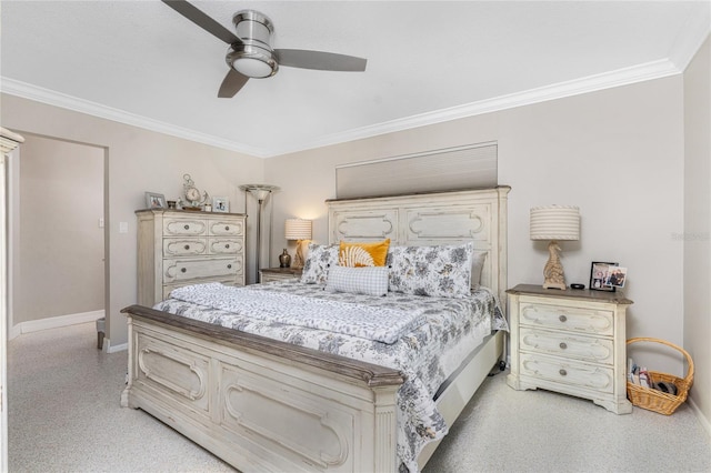 bedroom with ceiling fan and ornamental molding