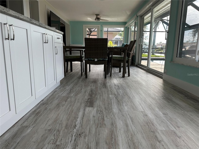 dining space featuring hardwood / wood-style floors and ceiling fan